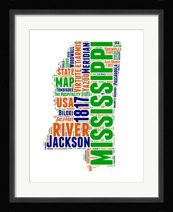 Framed Mississippi Word Cloud Map Print