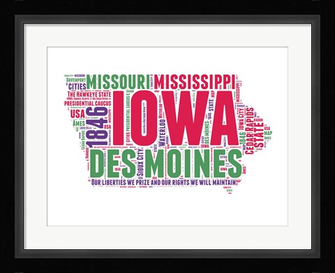 Framed Iowa Word Cloud Map Print