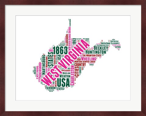 Framed West Virginia Word Cloud Map Print