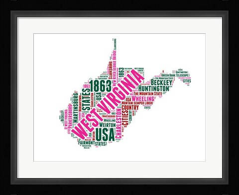 Framed West Virginia Word Cloud Map Print