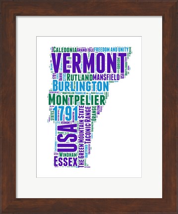 Framed Vermont Word Cloud Map Print