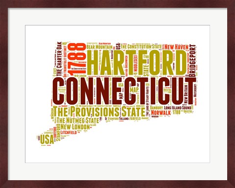 Framed Connecticut Word Cloud Map Print