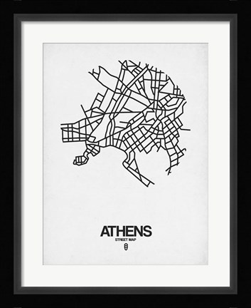 Framed Athens Street Map White Print