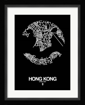 Framed Hong Kong Street Map Black Print