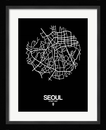 Framed Seoul Street Map Black Print