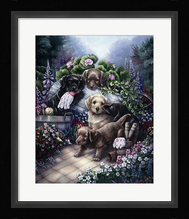 Framed Gardening Puppies Print