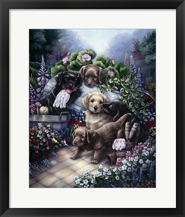 Framed Gardening Puppies Print