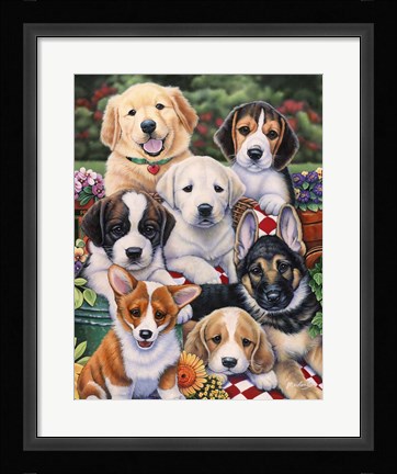 Framed Garden Puppies Print