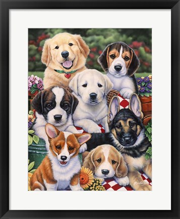 Framed Garden Puppies Print