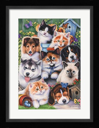 Framed Kittens &amp; Puppies In The Garden Print