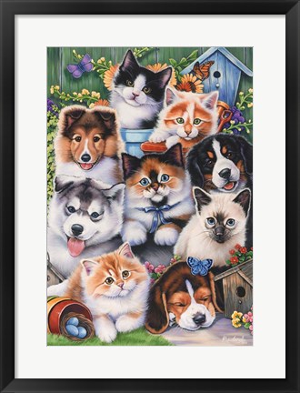 Framed Kittens &amp; Puppies In The Garden Print