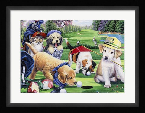 Framed Golfing Puppies Print