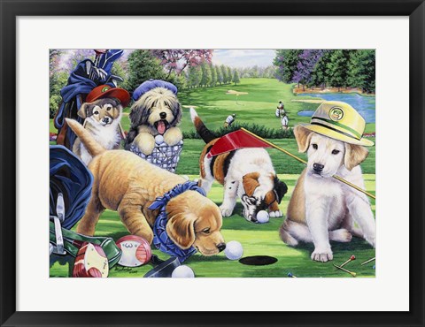 Framed Golfing Puppies Print