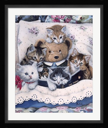 Framed Kittens And Teddy Bear Print