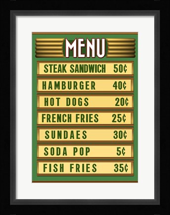 Framed Green Burger Joint Menu Print