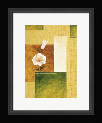 Framed White Flower on Green and Yellow 1 Print