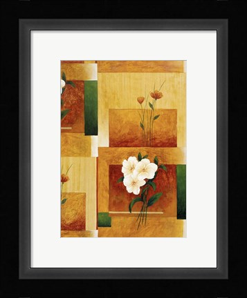 Framed White Flower on Green and Yellow 2 Print