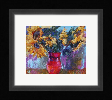 Framed Sunflowers In Red Vase Print