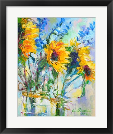 Framed Sunflowers In Glass Bottles Print