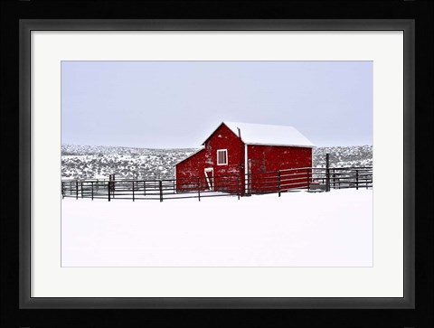 Framed Red Barn In Winter Print