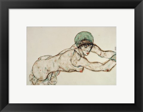 Framed Reclining Female Nude with Green Cap, Leaning to the Right, 1914 Print
