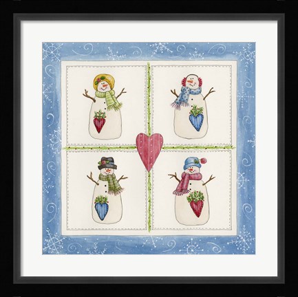 Framed Four Snowmen With Heart Pockets Print