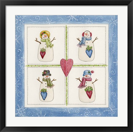 Framed Four Snowmen With Heart Pockets Print