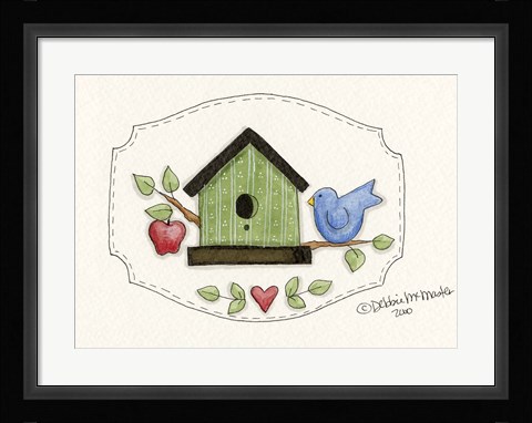 Framed Green Birdhouse With Bird Print