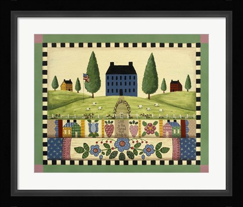 Framed Blue House With Quilts Print