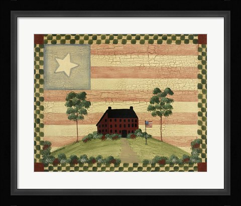 Framed Red House With Flag Print