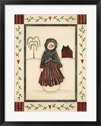 Framed Black &amp; Red Snowwoman With Red House Print