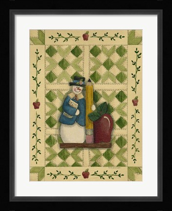 Framed Snowman Teacher With Apple &amp; Pencil Print