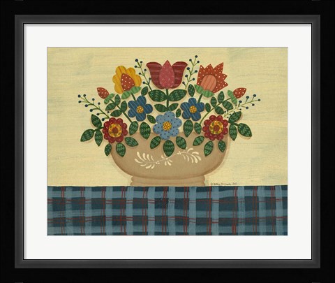 Framed Multi-Colored Flowers With Dark Blue Tablecloth Print