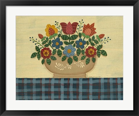 Framed Multi-Colored Flowers With Dark Blue Tablecloth Print