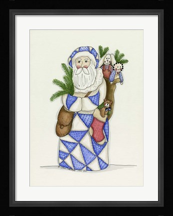 Framed Blue Patchwork Santa Print