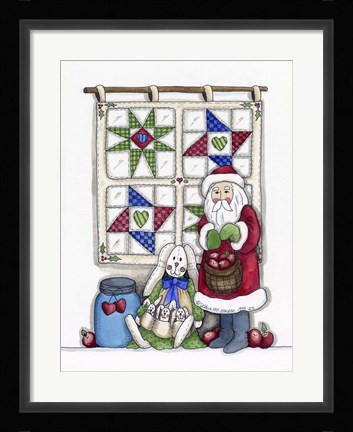Framed Santa With Quilt &amp; Bunnies Print