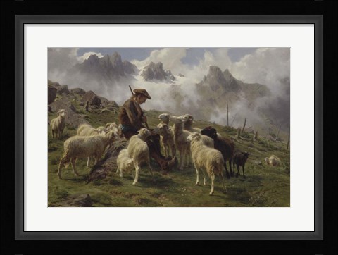 Framed Shepherd Boy in the Pyrenees Offering Salt to his Sheep, 1864 Print