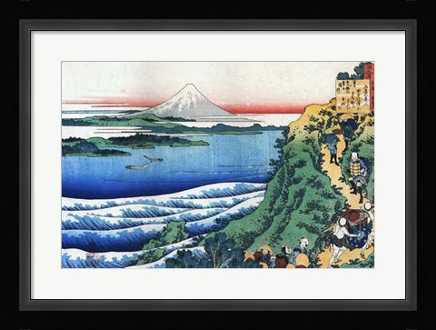 Framed Snow on Mount Fuji, Porters Climb Uphill. Print