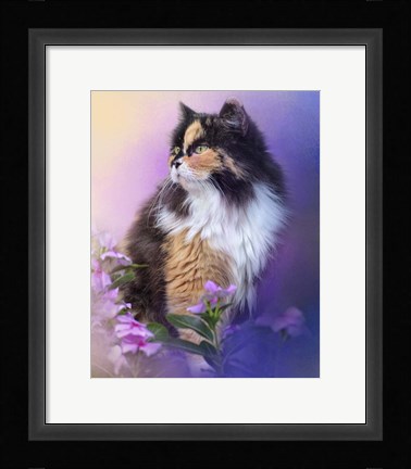 Framed Calico Kitty In The Garden Print