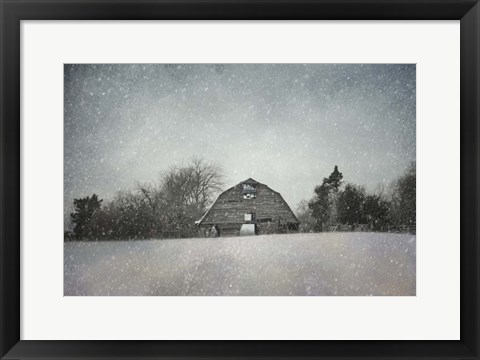Framed Snowing At The Old Barn Print