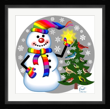 Framed Snowman Bird Tree Print