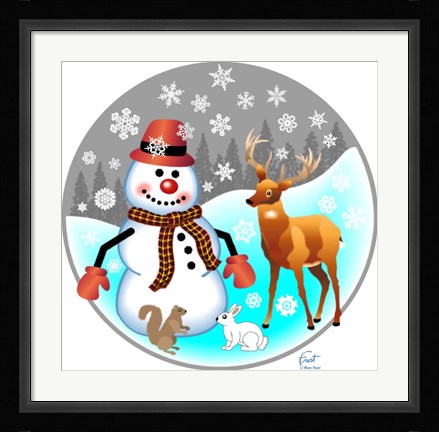 Framed Snowman Forest Animals Print