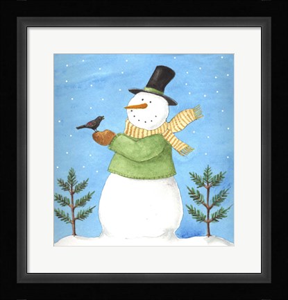 Framed Snowman Green Blackbird Print
