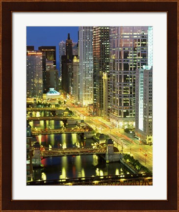 Framed Skyscrapers at Night, Chicago River, Illinois Print