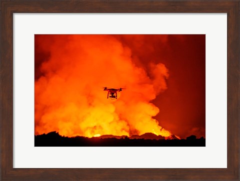Framed Radio Contolled Drone flying over Eruption, Holuhraun Fissure, Bardarbunga Volcano, Iceland. Print