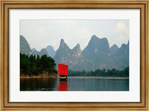 Framed Boat on Li River, Guilin, China Print