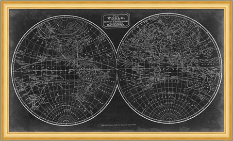 Framed Blueprint of the World in Hemispheres Print