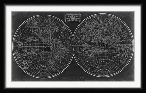 Framed Blueprint of the World in Hemispheres Print