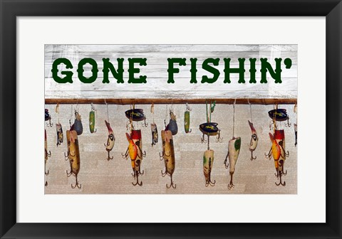 Framed Gone Fishin' Wood Fishing Lure Sign Print
