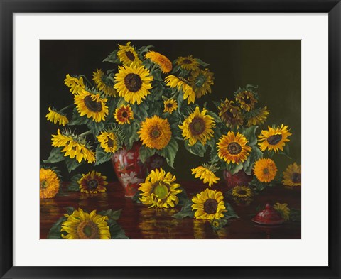 Framed Sunflowers with Two Crimson Vases Print